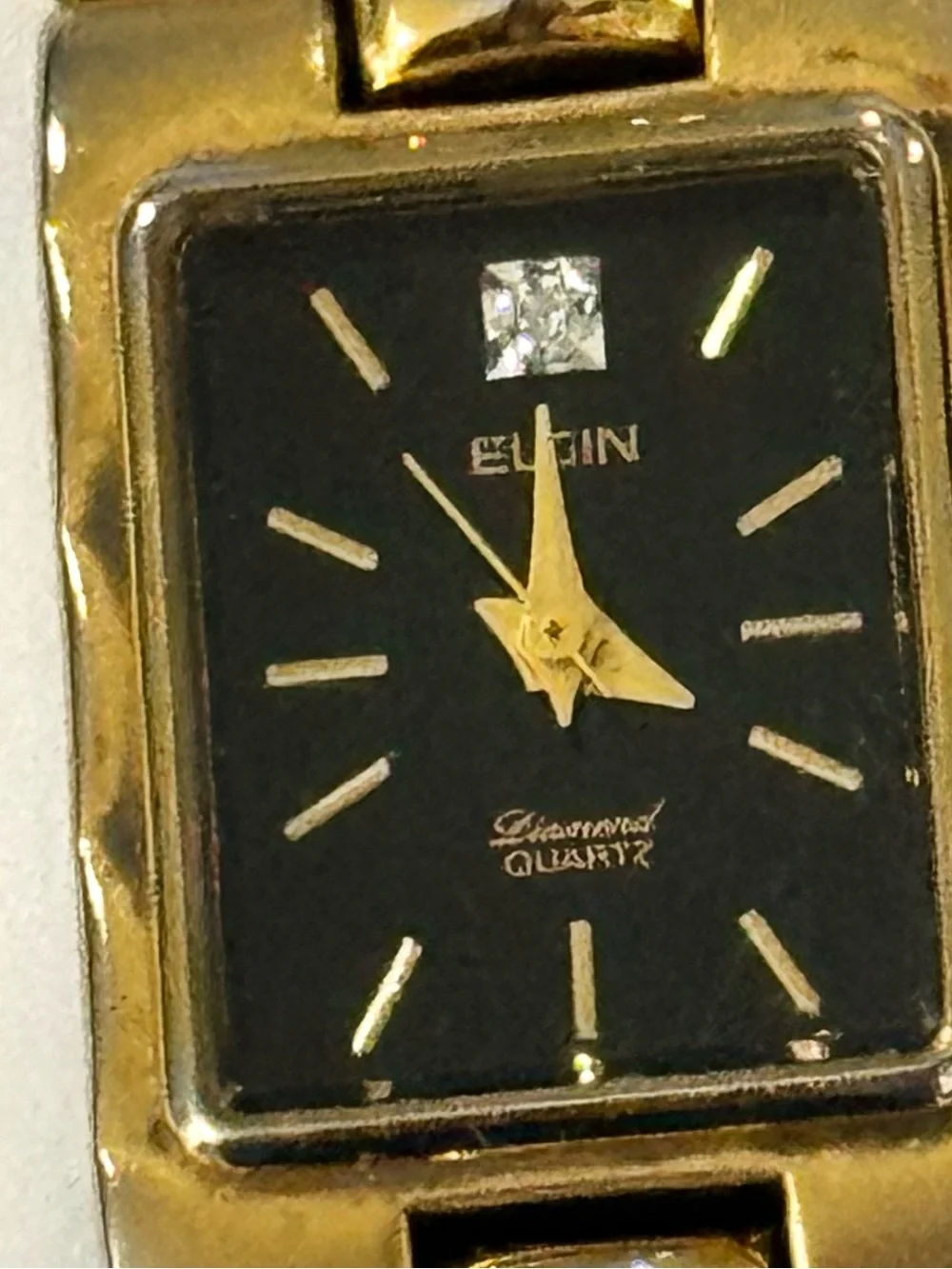 Vintage Elgin Diamond Watch Quartz Gold-tone Womens Wristwatch Black Dial